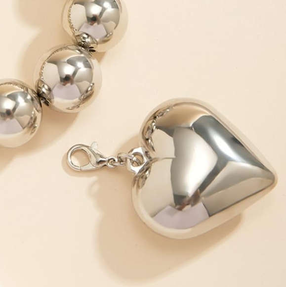 80s Retro Silver Bead Puff Heart Charm Choker Beaded Necklace Big Chunky Beads - Picture 7 of 8